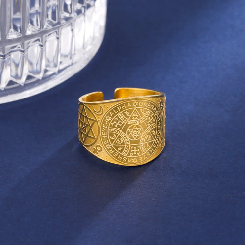 不锈钢复古戒指护身符 7 大天使印章保护梅塔特隆立方体莉莉丝符号秘密所罗门王