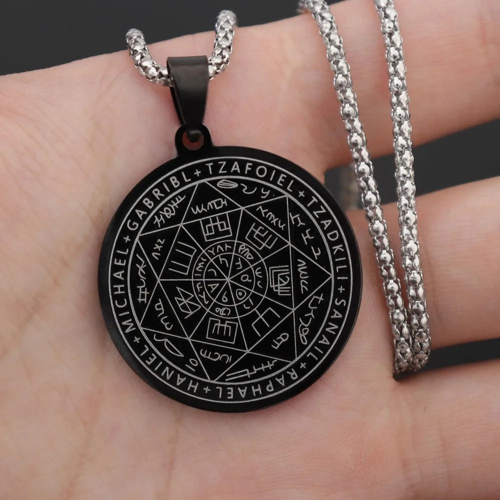 所罗门·卡巴拉护身符不锈钢项链，七天使四字真言印章吊坠，防水珠宝项链