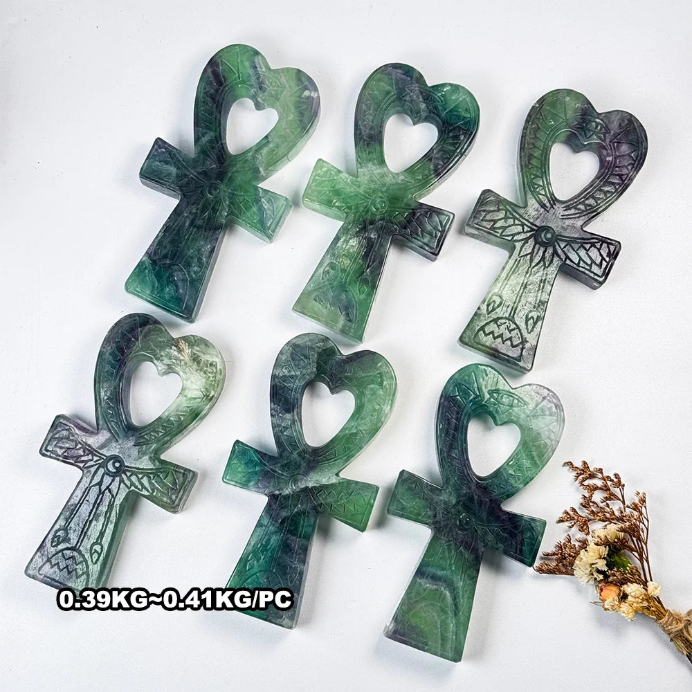 批发厂家价格抛光水晶雕刻彩虹萤石安克生命护身符水晶工艺品获取能量