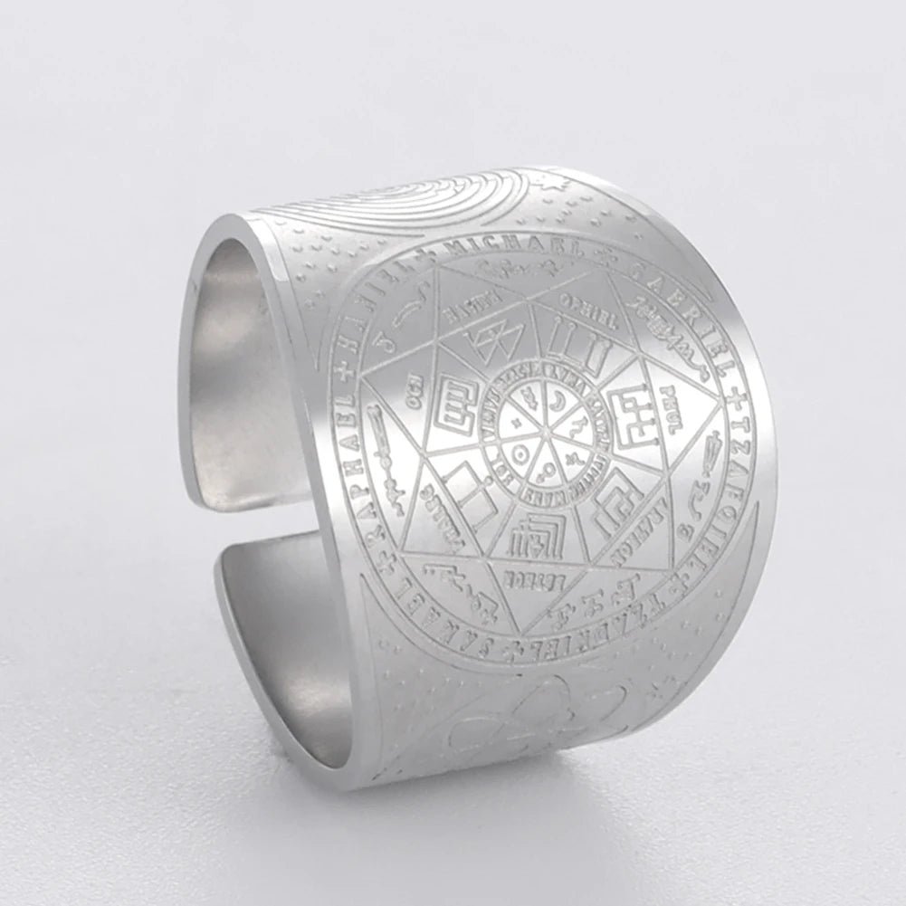 不锈钢复古戒指护身符 7 大天使印章保护梅塔特隆立方体莉莉丝符号秘密所罗门王