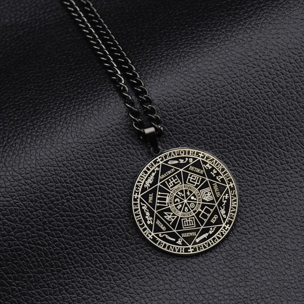 所罗门·卡巴拉护身符不锈钢项链，七天使四字真言印章吊坠，防水珠宝项链
