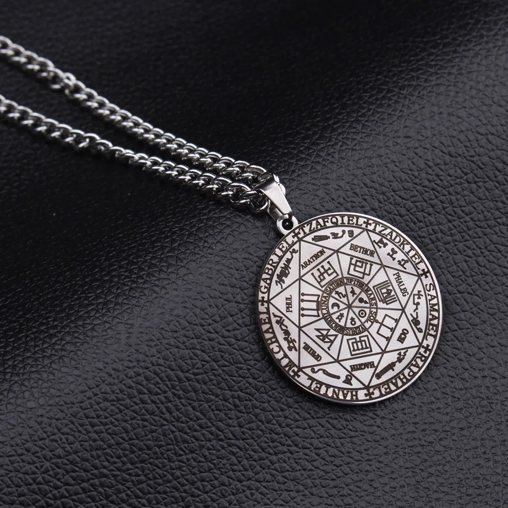 所罗门·卡巴拉护身符不锈钢项链，七天使四字真言印章吊坠，防水珠宝项链