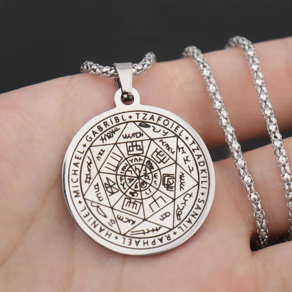 所罗门·卡巴拉护身符不锈钢项链，七天使四字真言印章吊坠，防水珠宝项链