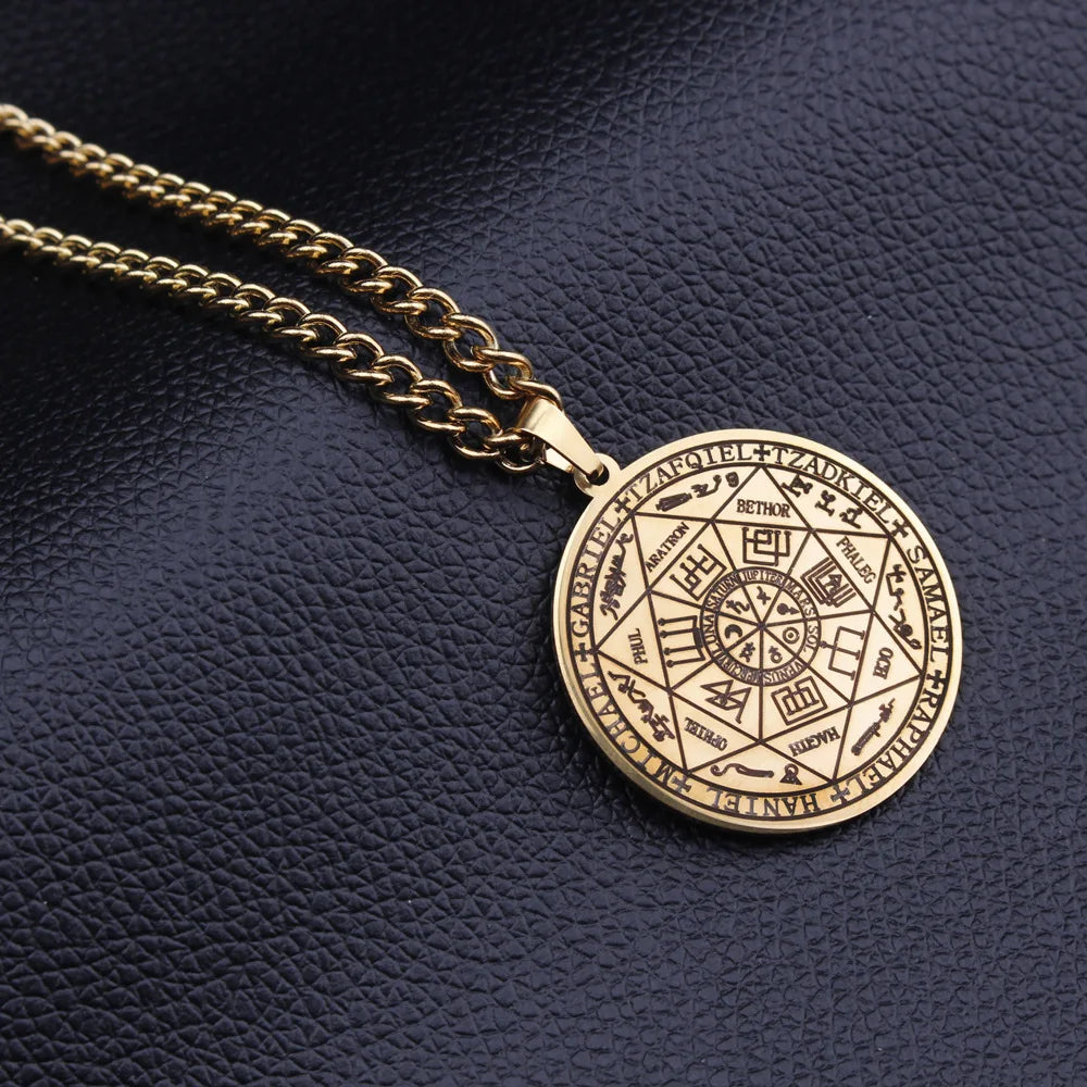 所罗门·卡巴拉护身符不锈钢项链，七天使四字真言印章吊坠，防水珠宝项链