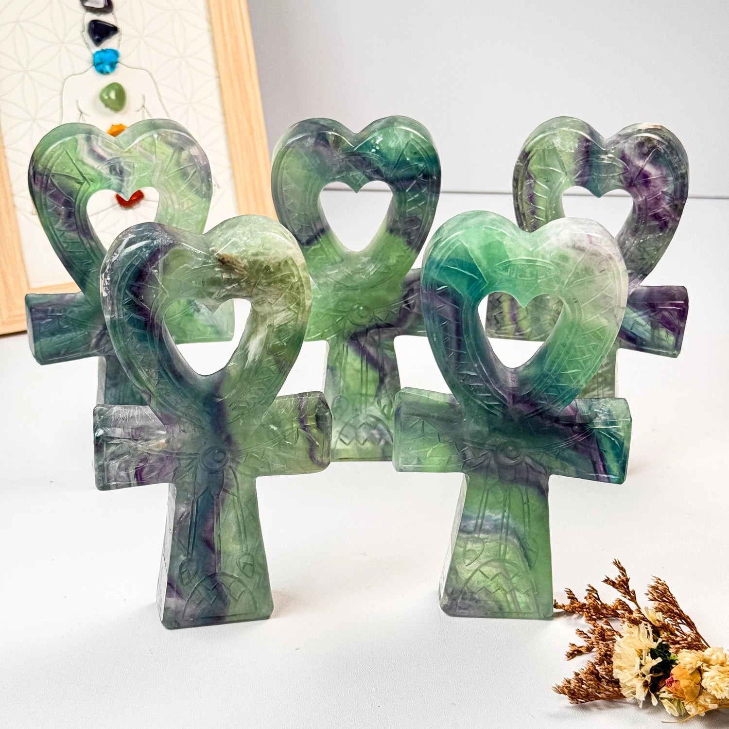 批发厂家价格抛光水晶雕刻彩虹萤石安克生命护身符水晶工艺品获取能量