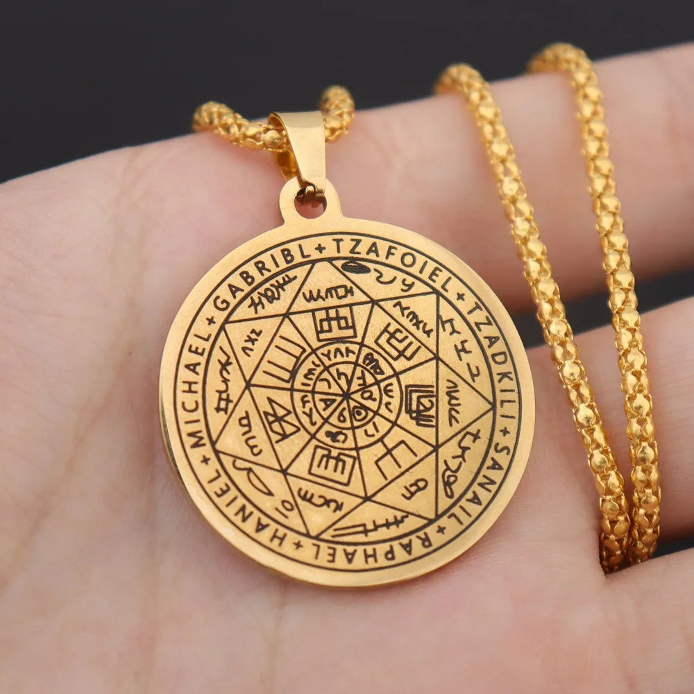 所罗门·卡巴拉护身符不锈钢项链，七天使四字真言印章吊坠，防水珠宝项链