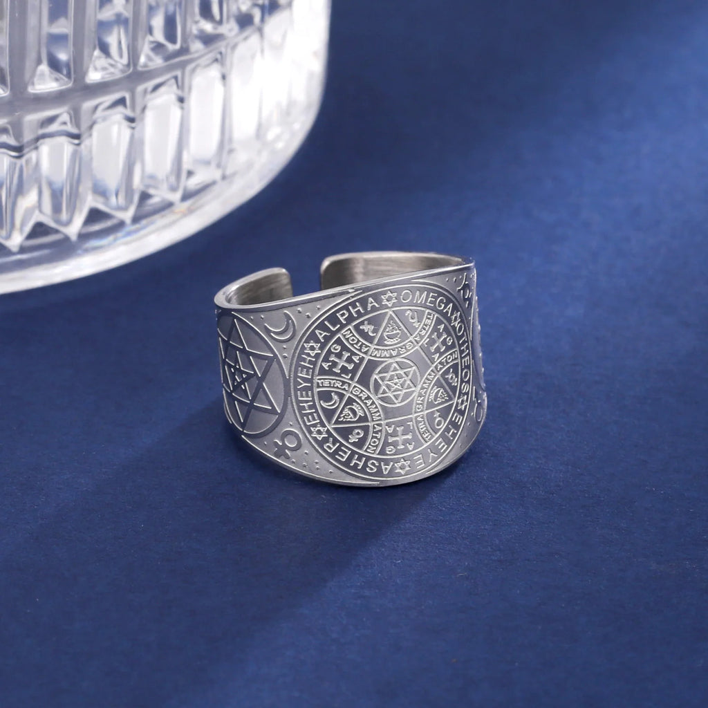 不锈钢复古戒指护身符 7 大天使印章保护梅塔特隆立方体莉莉丝符号秘密所罗门王