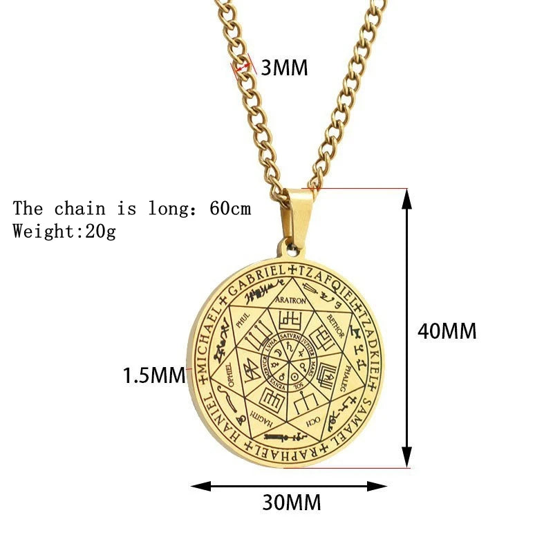所罗门·卡巴拉护身符不锈钢项链，七天使四字真言印章吊坠，防水珠宝项链