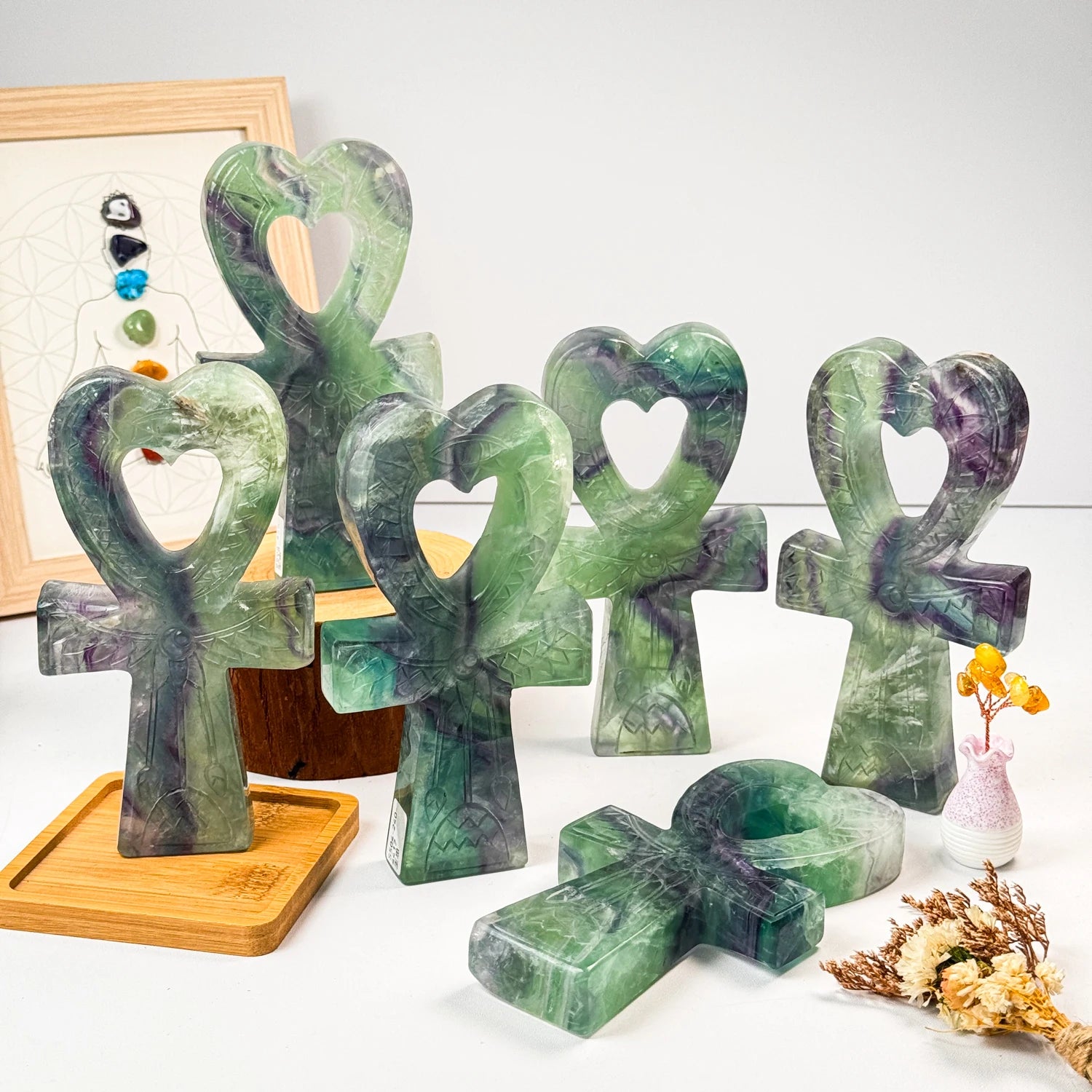 批发厂家价格抛光水晶雕刻彩虹萤石安克生命护身符水晶工艺品获取能量